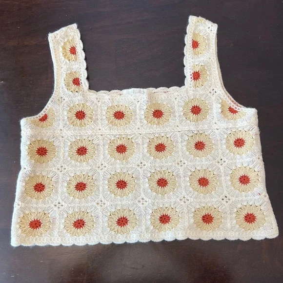 Rebellion Again Sunflower Crochet Top Cream Cropped Floral Womens Size L - Picture 1 of 16